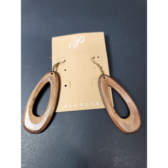 Plunder Wooden Teardrop Dangle Earrings Brown Natural Boho Lightweight Rustic - Picture 1 of 6